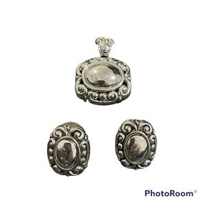 Pendant & Earring Set - silver ornate scrolls for pierced ears
